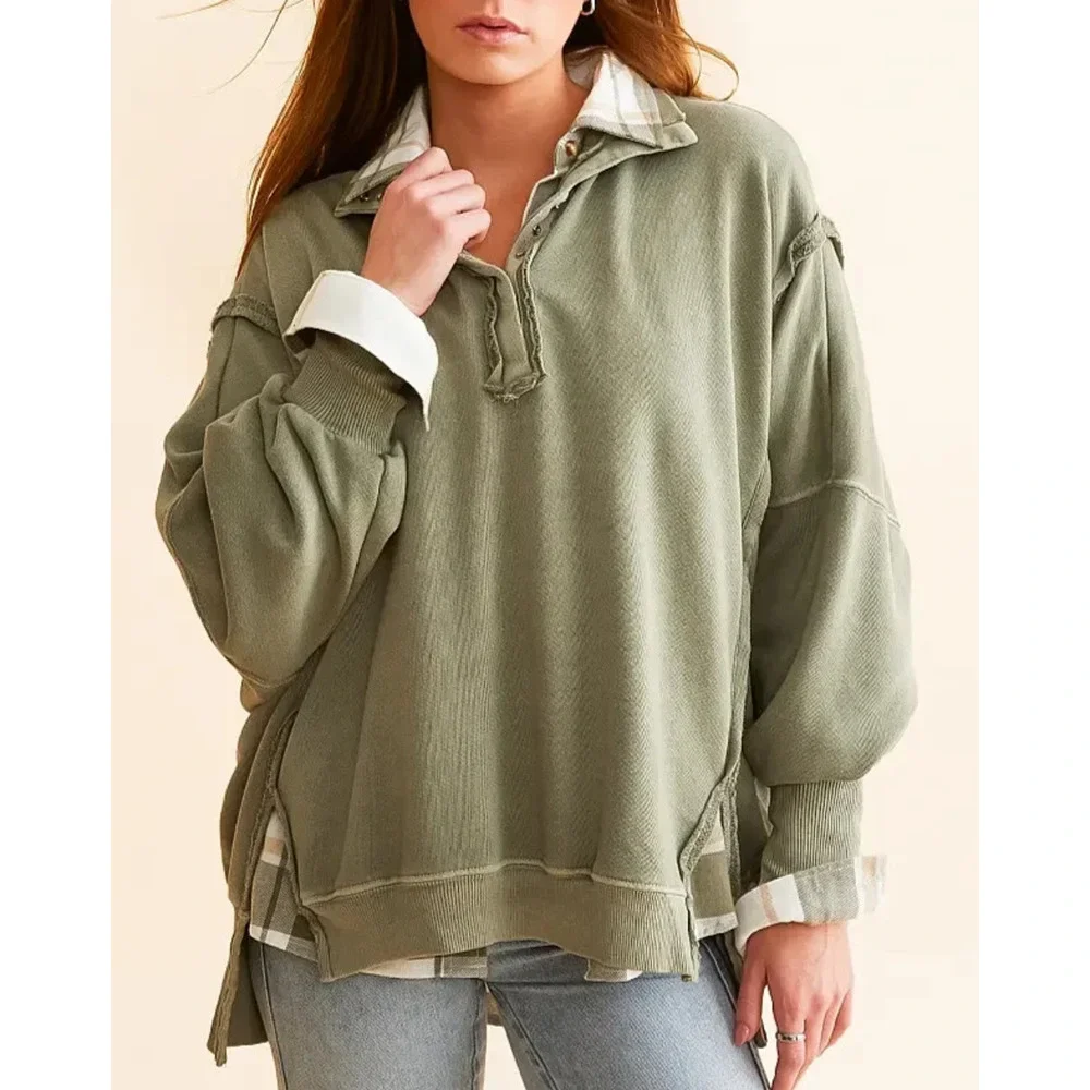 We The Free People Camden Henley Long Sleeve Sweatshirt XS Slouchy Boho Grunge - Picture 8 of 15